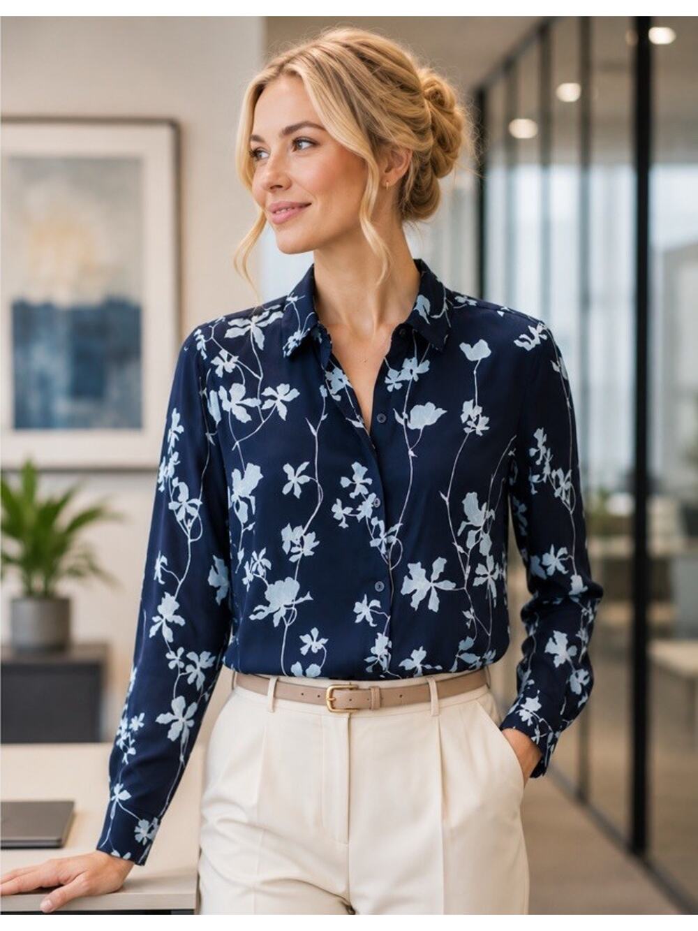 Equipment Navy & Ice Blue Eclipse Floral Chiffon Button Down Blouse Top Sz S M
